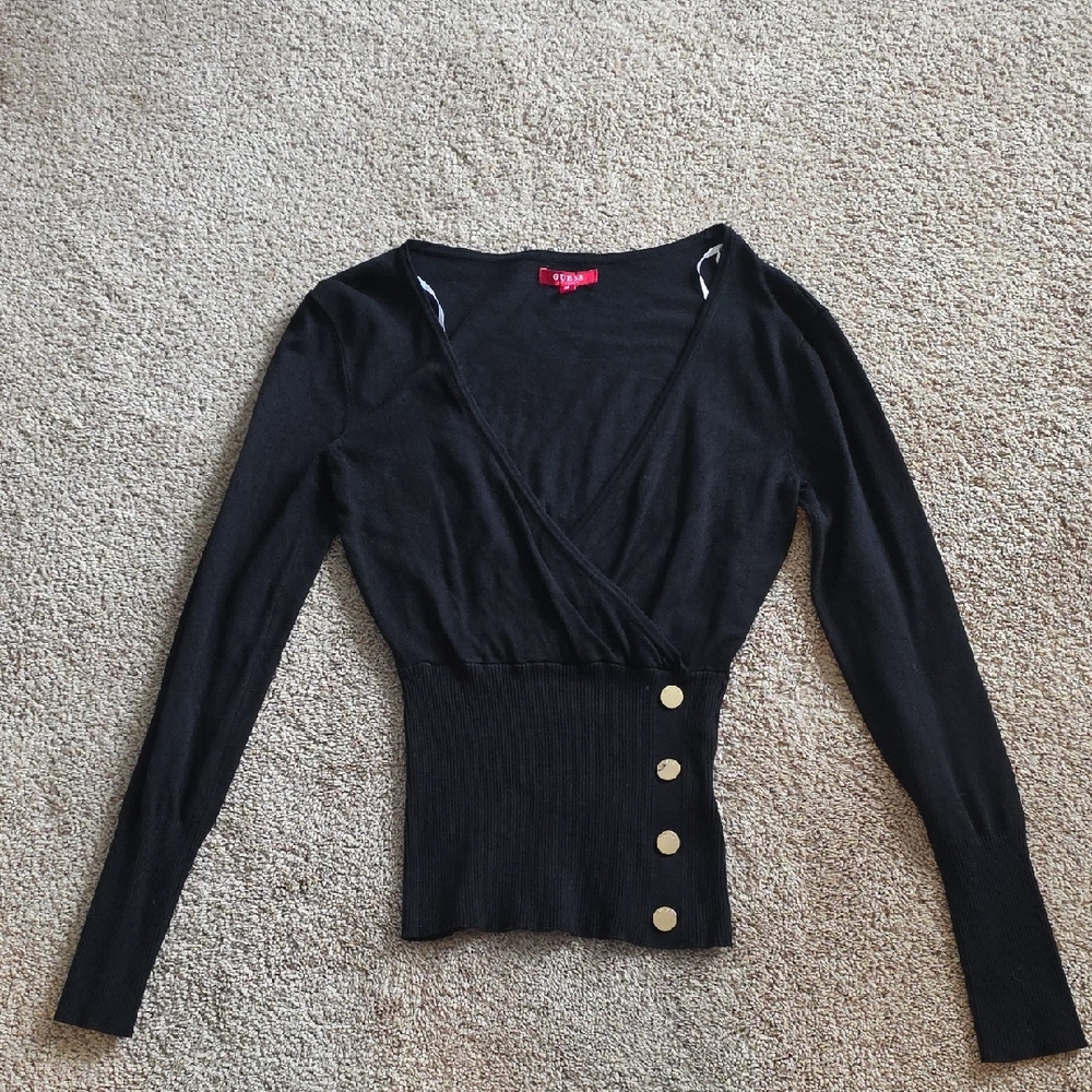 Guess Black V-Neck Top with Gold Buttons